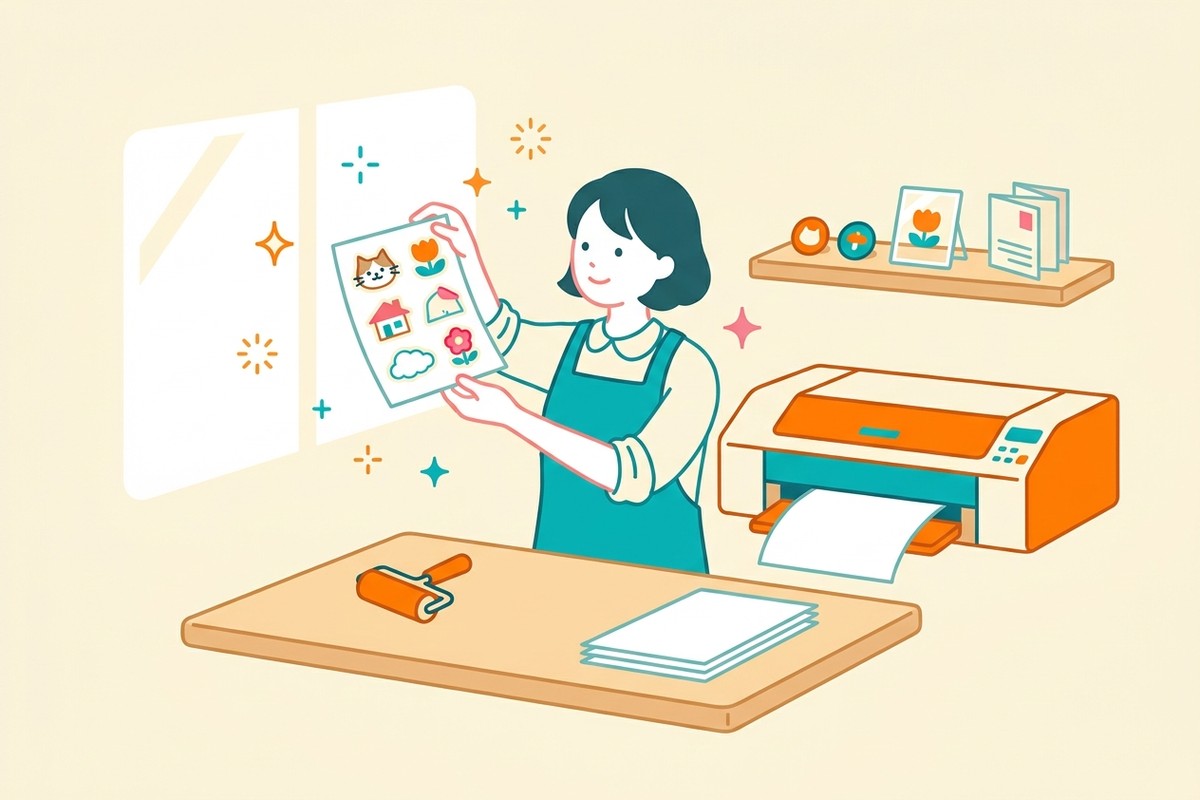 印刷工房で仕上がりの発色を確認するイラスト