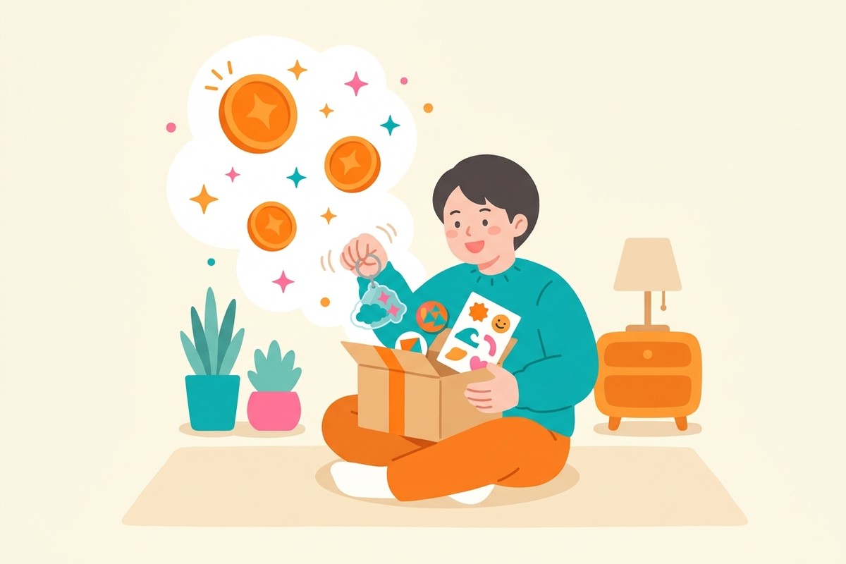 届いたサンプルを開けてポイントが還元されるイラスト