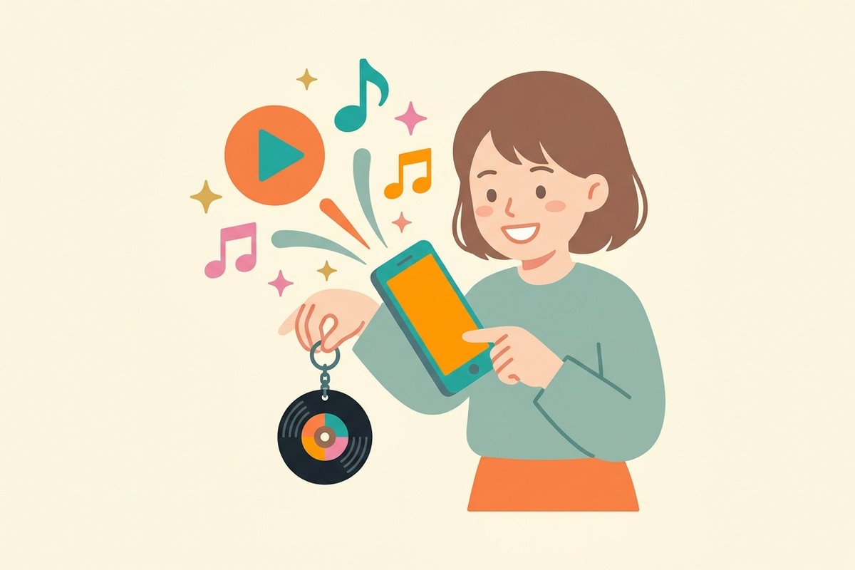 ミニレコード型キーホルダーにスマホをかざすと音楽が再生されるイラスト