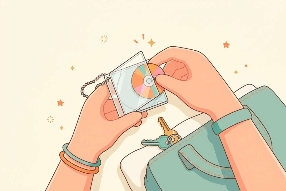 ミニCDケースキーホルダーを開けてディスクを取り出すイラスト