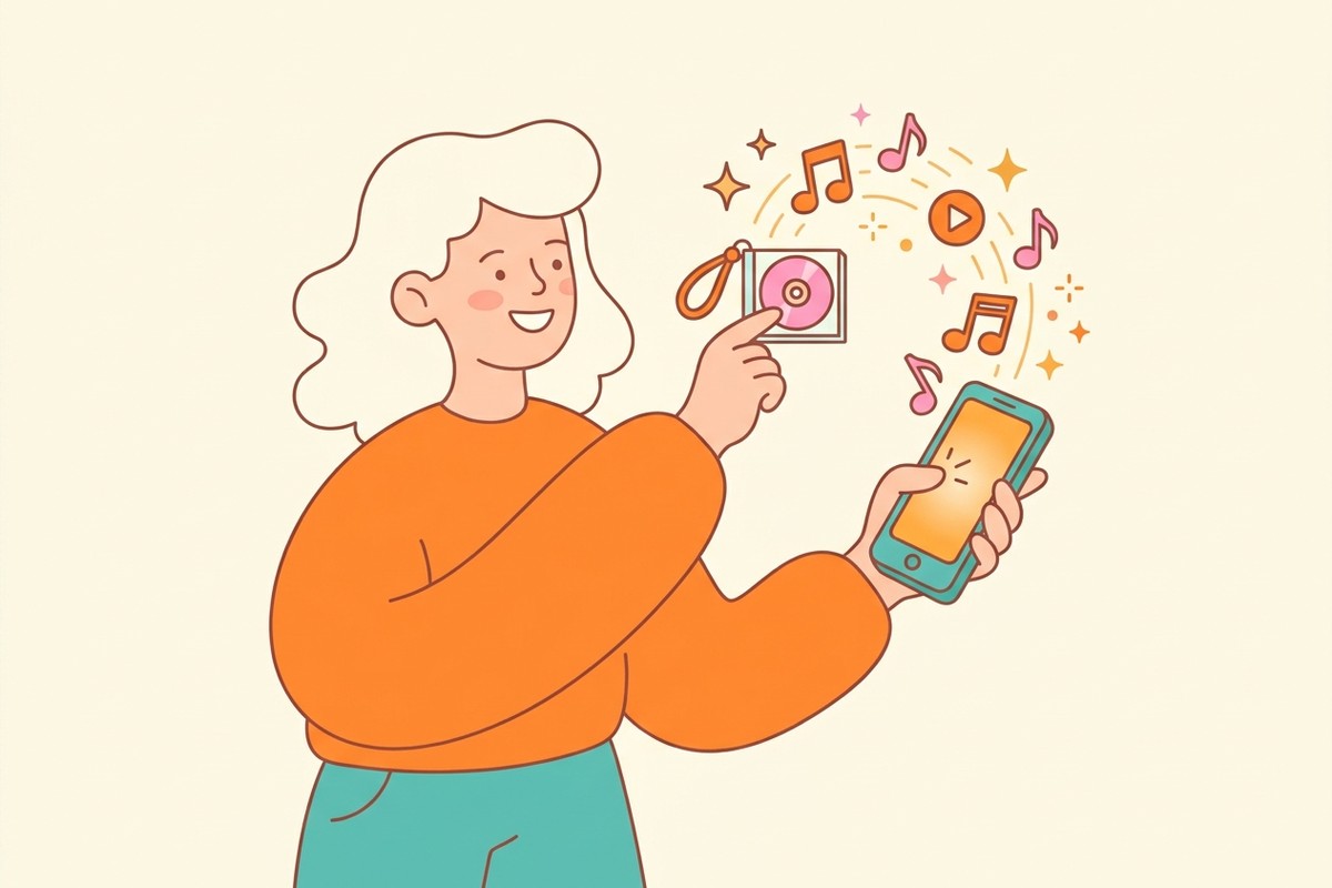 ミニCDケースキーホルダーにスマホをかざすと音楽や映像が開くイラスト
