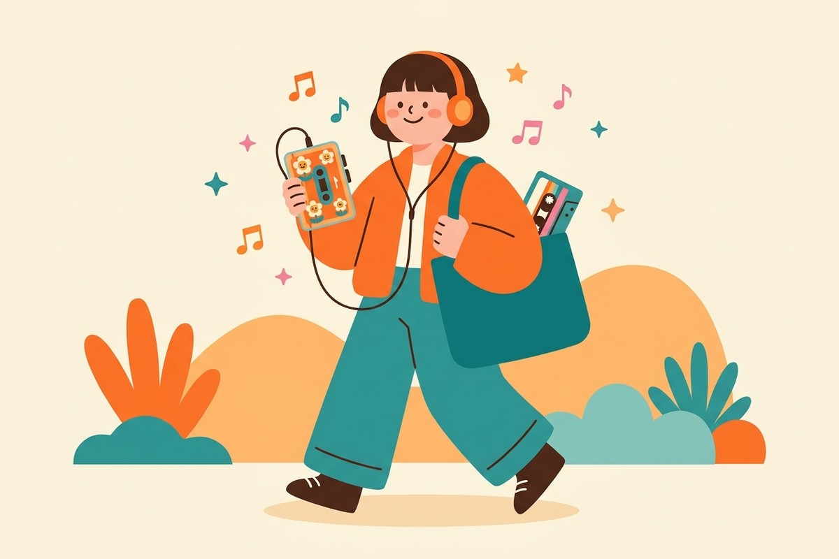 オリジナル印刷のカセットプレイヤーで音楽を聴きながら歩くイラスト