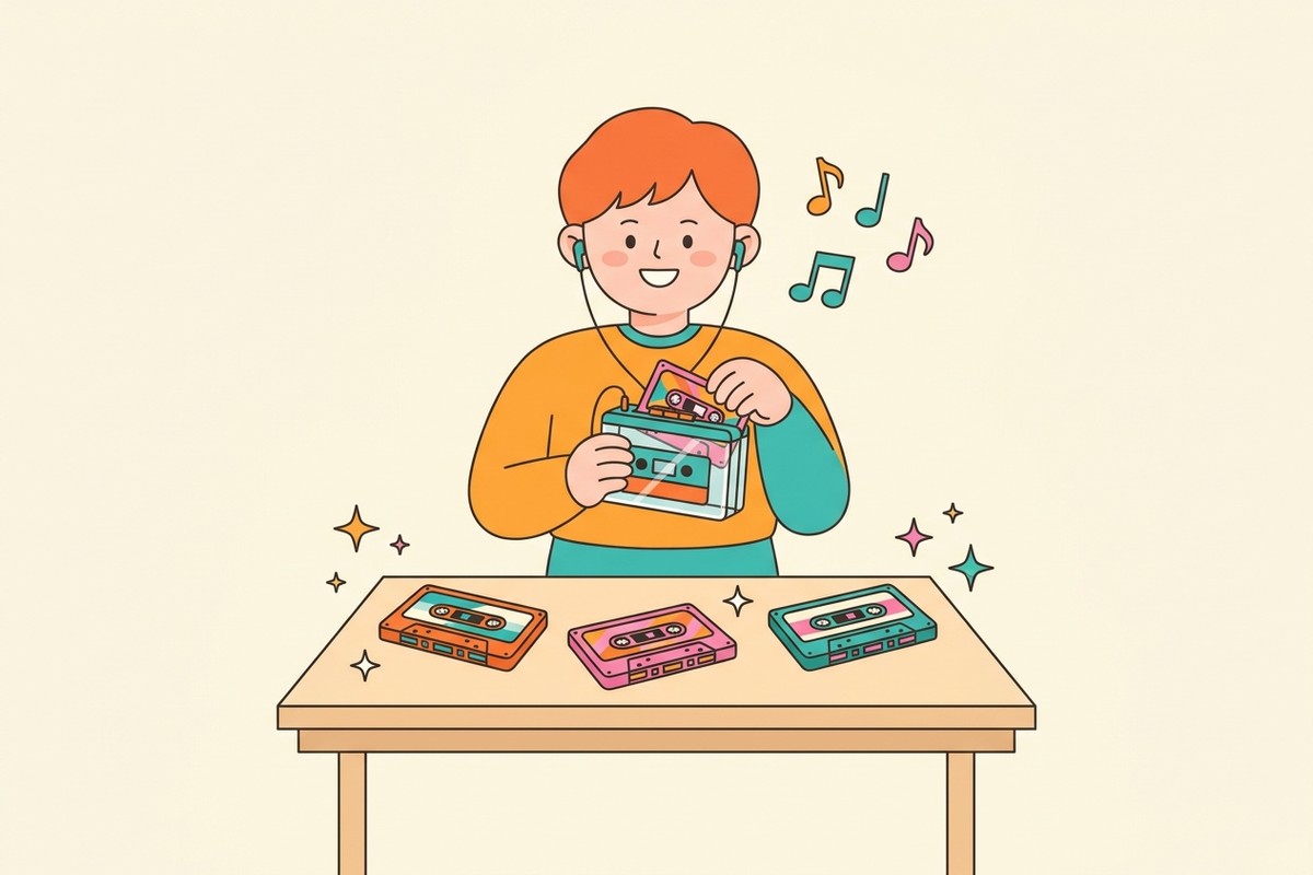 ライブ物販でカセットテープをプレイヤーに差し込むイラスト