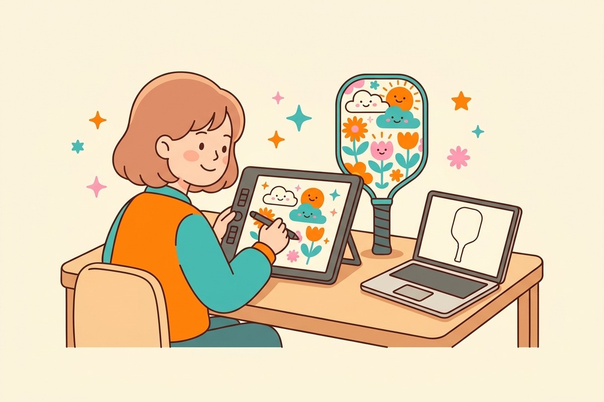 タブレットで描いたイラストをパドルにプリントするイメージイラスト