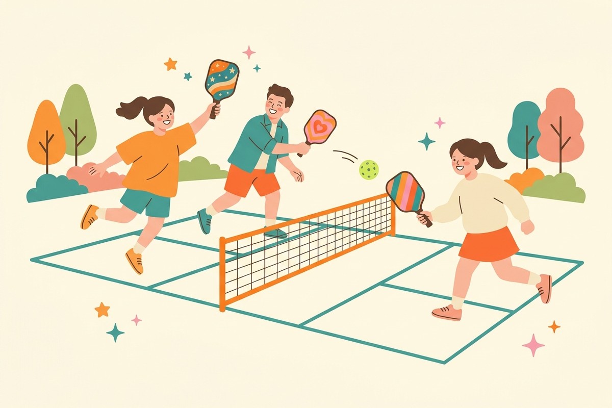 オリジナルデザインのパドルでピックルボールを楽しむイラスト